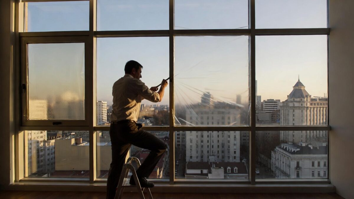 person installing commercial window film image