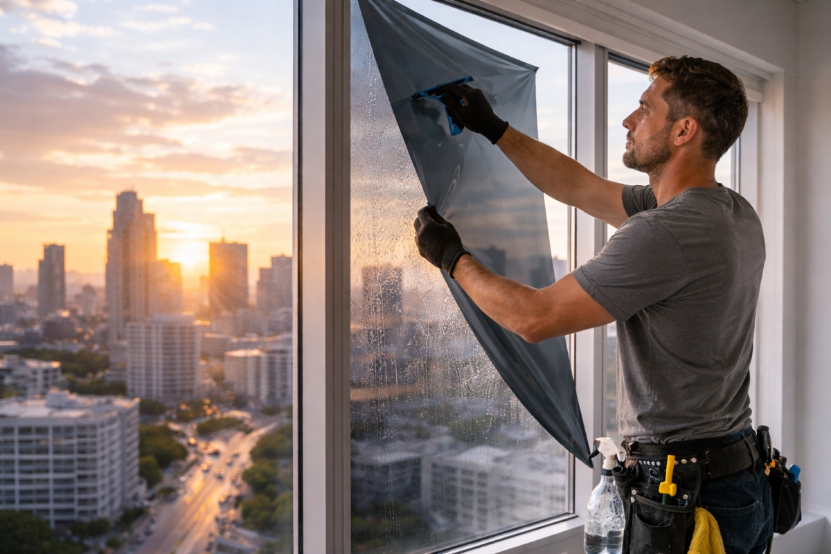 person installing commercial window film image