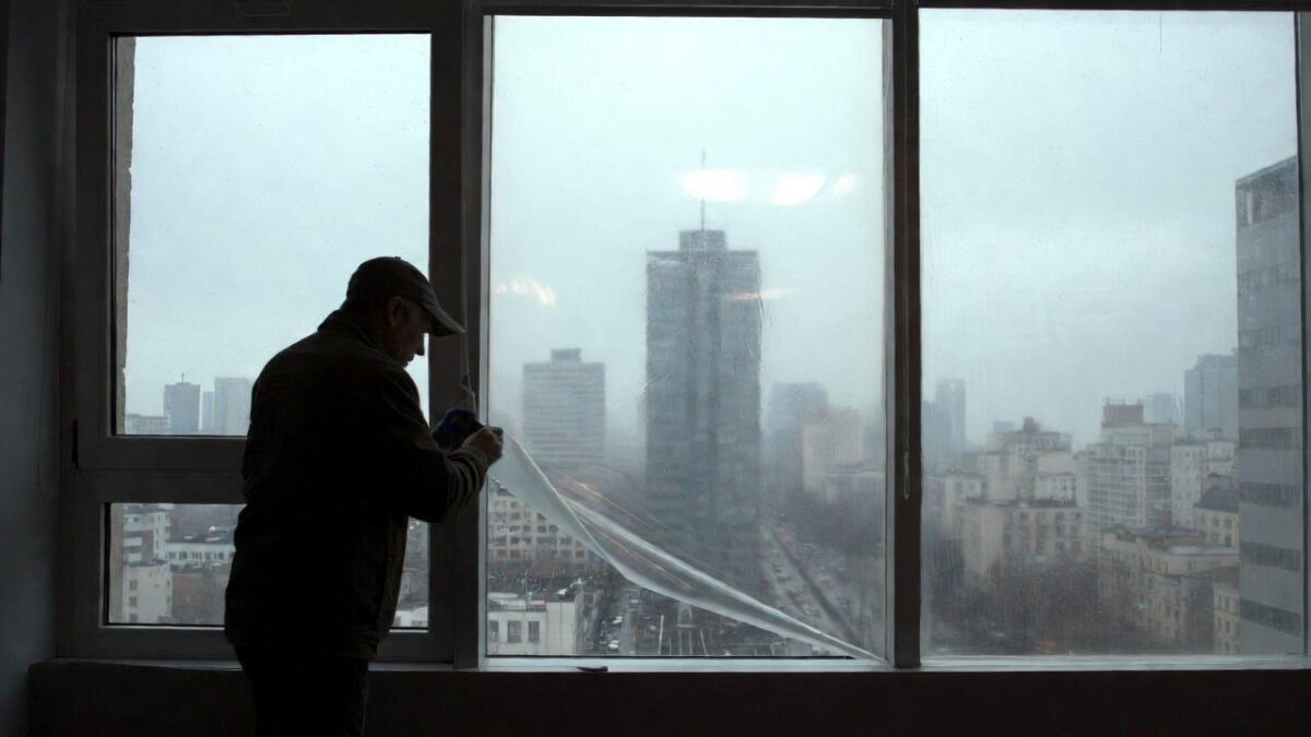 person installing window film in the winter