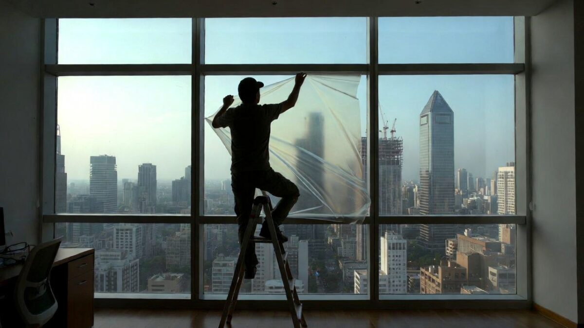 person removing window film image