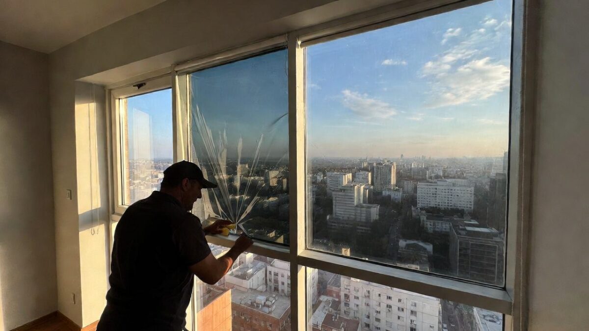 person removing window film image