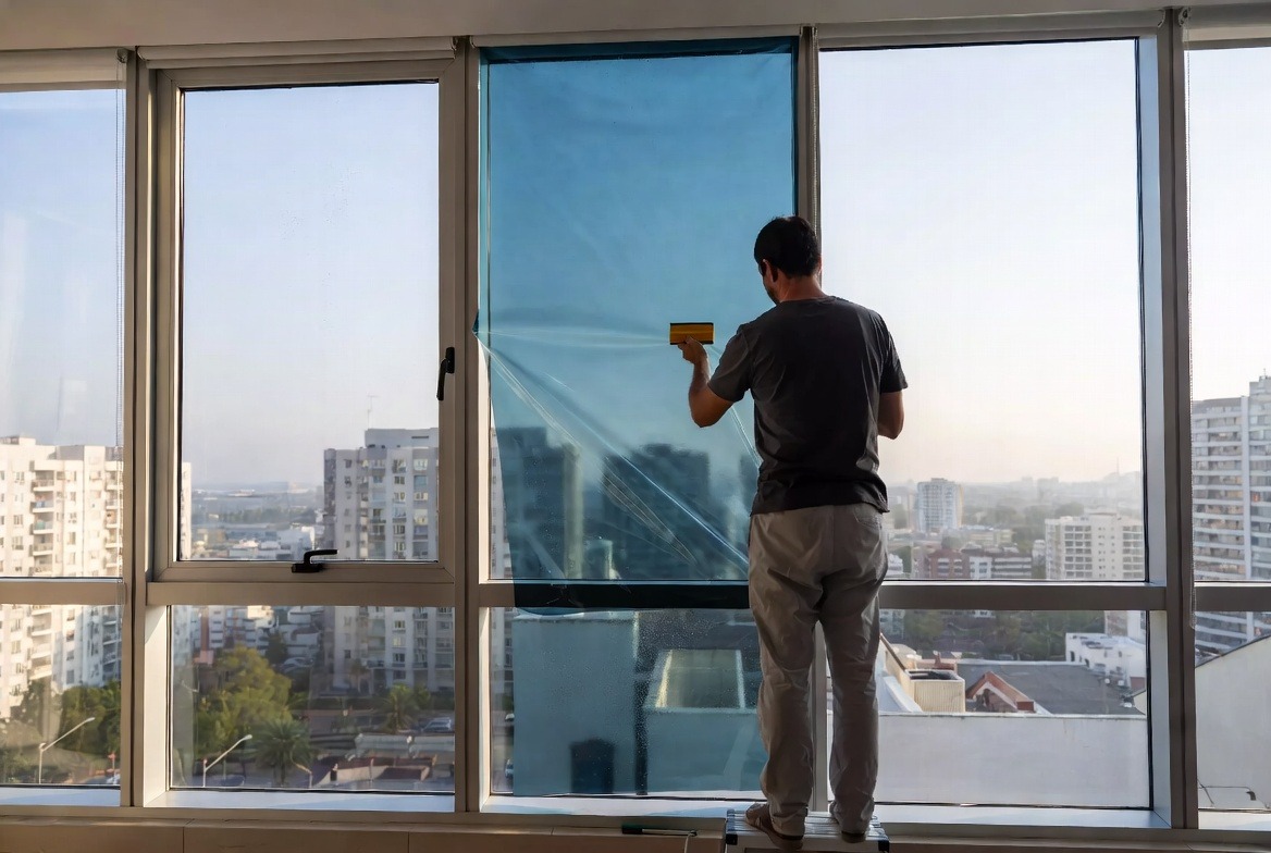 person-install-window-film-on-glass